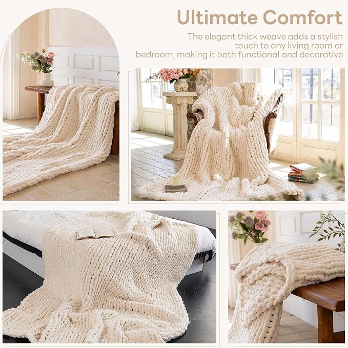 Chunky Knit Blanket - Luxury Soft Cozy 50 * 60 Throw Blanket,100% Woven Blanket Rope Knot Throw Blanket for Couch, Sofa, Home Decor, Gift - Machine Washable (Cream, 50 * 60)