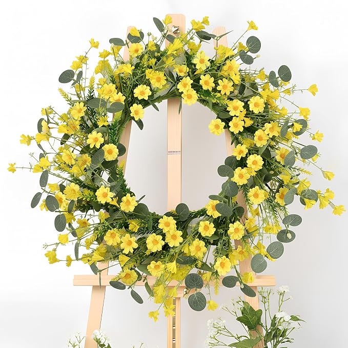 Pinkpum 22" Daisy Eucalyptus Wreath for Front Door, Artificial Spring Summer Floral Wreath for Front Door, Home Farmhouse Wedding Wall Window Decor