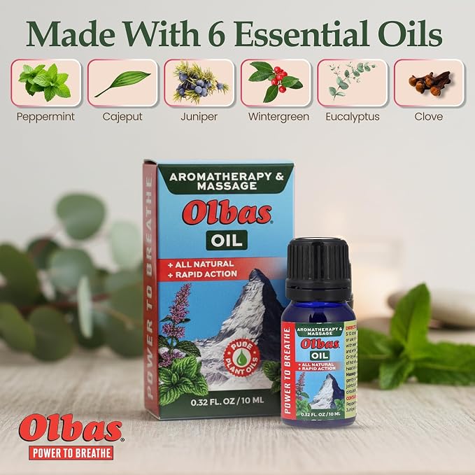 Olbas Aromatherapy Inhalant and Massage Oil Pack of 1 (10 ml), Body Massage Oil, Swiss Herbal Remedies with Pure Essential Massage Oils for Muscle Relaxing and Soothing Comfort for Pain Relief