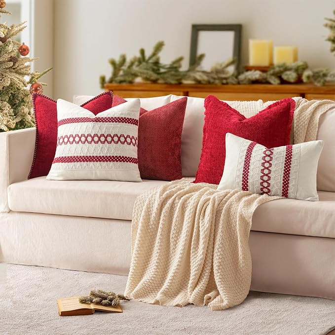 MIULEE Decorative Couch Throw Pillow Covers 18x18 Inch Red 2 Pack | Summer Farmhouse Pillow Covers with Stitched Edge, Soft Chenille Cushion Cases, for Sofa Bed Living Room Home Decor