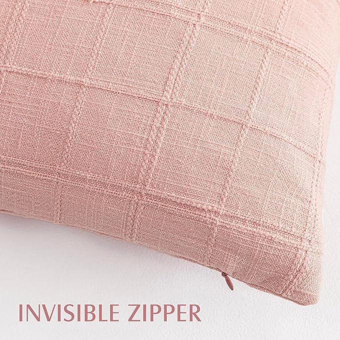 Foindtower Set of 2 Decorative Linen Check Throw Pillow Covers Neutral Farmhouse Vintage Cushion Covers Modern Boho Accent Home Decor for Sofa Chair Couch Bedroom Living Room,26×26 Inch,Light Pink