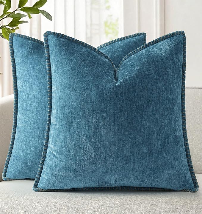 decorUhome Soft Chenille Throw Pillow Covers 20x20 Set of 2 Teal | Fall Textured Decorative Throw Pillow Cases Stitched Edge Modern Farmhouse Luxury Boho Velvet for Couch Sofa Bed Home Decor