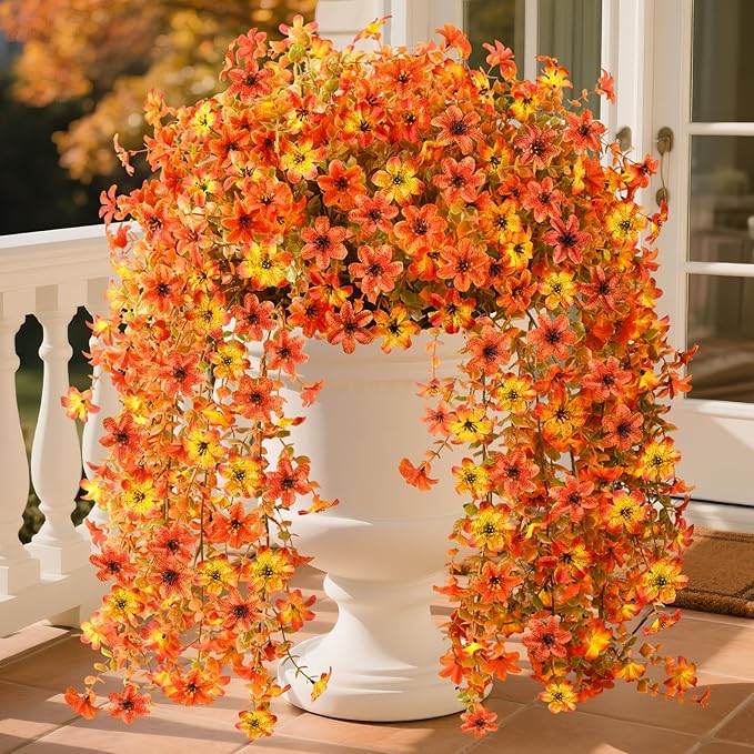 Artificial Fall Flowers for Decoration Fake Hanging Flowers Outdoors Decor | 2PCS Faux Mums Silk Flower UV Resistant No Fade for Autumn Outdoor Home Planter Porch Patio Yard Garden(Orange Golden)
