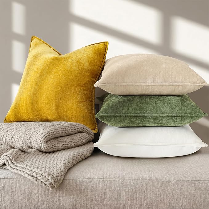 decorUhome Chenille Mineral Yellow Throw Pillow Covers 22x22 Set of 2 | Fall Soft Euro Sham Couch Decorative Modern Velvet Pillow Cases with Elegant Design for Sofa Bed Living Room Home Decor