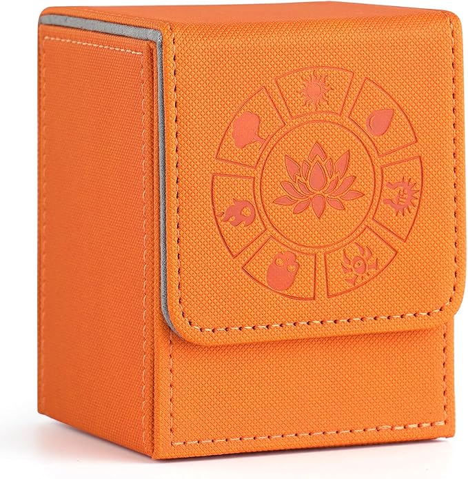 Arkeiliy MTG Deck Box with 50 Pcs Card Sleeve, 110+ Card Storage Leather Deck Box for Magic Commander, Collectible Trading Card Cases(Orange III)