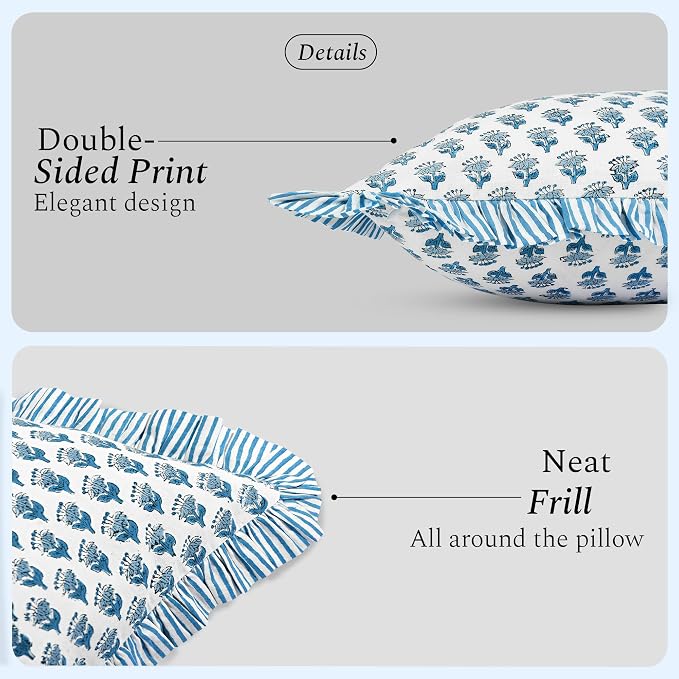 CPC Block Print Ruffle Throw Cover Apatite Blue 18"x18" Inch Pack of 2-100% Cotton Ruffle Couch Decorative Boho Pillows Case for Living Room, Bedroom, Sofa, Farmhouse Gift for Spring, Mother's Day
