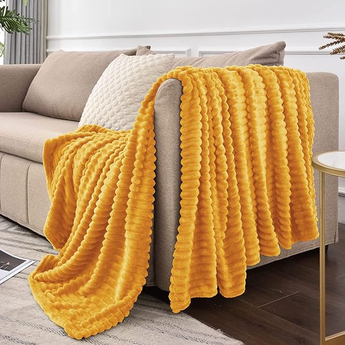 BEDELITE Ribbed Mustard Yellow Fleece Throw Blanket for Couch, 50x60 Inch | Soft Warm Decorative Fluffy Blanket, Cozy Plush Lightweight Fuzzy Throw Blanket for Bed Sofa Home Room Decor, Gift for Women