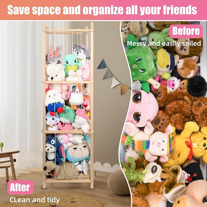 Wooden Stuffed Animal Storage Zoo Stuffed Animal Holder,Space Save Vertical Stuffed Animals Organizer with Elastic for Bedroom Playroom Nursery (59'' H (3-Shelf))