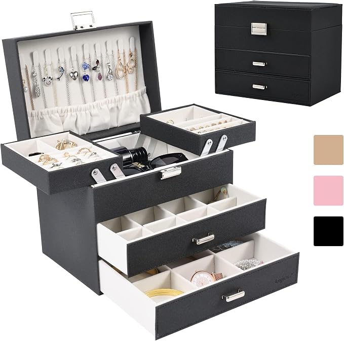 Jewelry Organizer Box, Large Jewelry Boxes for Women Girls, Space-Saving 4 Layers Jewelry Storage Case with Drawer, Movable Metal Stand, Modern, Gift Idea (Black + Silver)