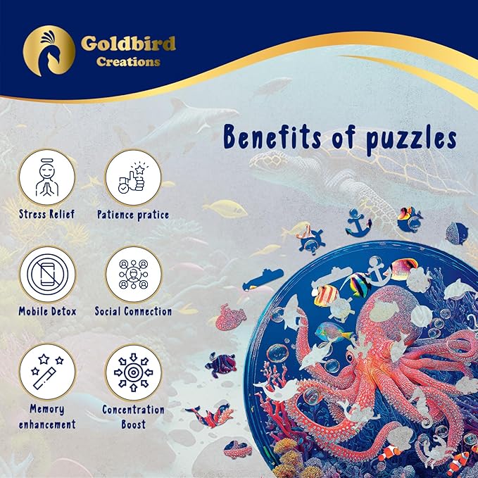 Wooden Puzzles for Adults - Eco-Friendly Wood Puzzles 200 Pieces - Premium Gift Box - Jigsaw Puzzles for Family Activity - Whimsical Shape Puzzle Pieces - Octopus