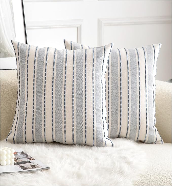 Cethom Decorative Boho Throw Pillow Covers, Farmhouse Textured Pillow Case, 18 x 18 Inch Set of 2, Chair Sofa Bedroom Living Room Home Decor Couch Cushion Case, Classic Blue and Beige Striped
