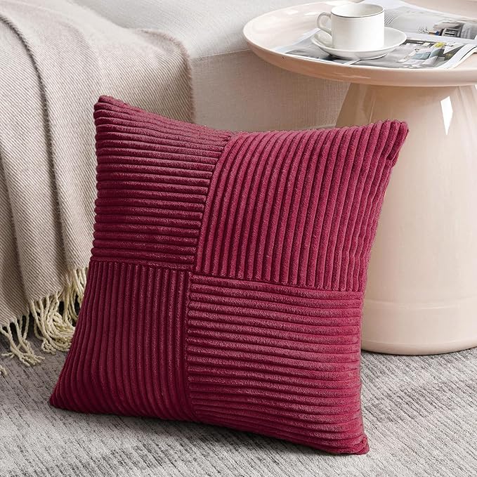 Fancy Homi 2 Packs Burgundy Samll Decorative Throw Pillow Covers 12x12 Inch with for Living Room Couch Bed, Rustic Farmhouse Boho Home Decor, Soft Corss Patchwork Corduroy Square Cushion Case 30x30 cm