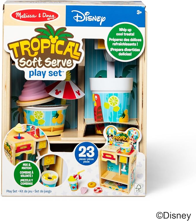 Disney Tropical Soft Serve Ice Cream Wooden Play Food Set – 23 Pieces | Mickey Mouse, Minnie, Wooden Toy for Boys and for Girls 3+ - FSC Certified