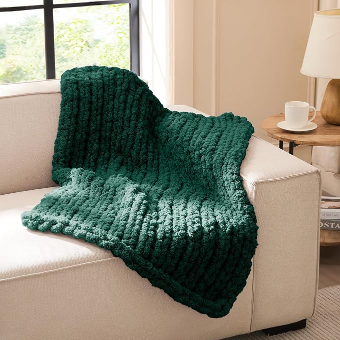 L'AGRATY Chunky Knit Throw Blanket for Couch, 30 x 40 Inches, Olive Green | Handmade Chenille Crochet Blanket for Sofa Bed, Thick Cable Knitted Blankets for Room Home Decor, Birthday Gift for Women Mom