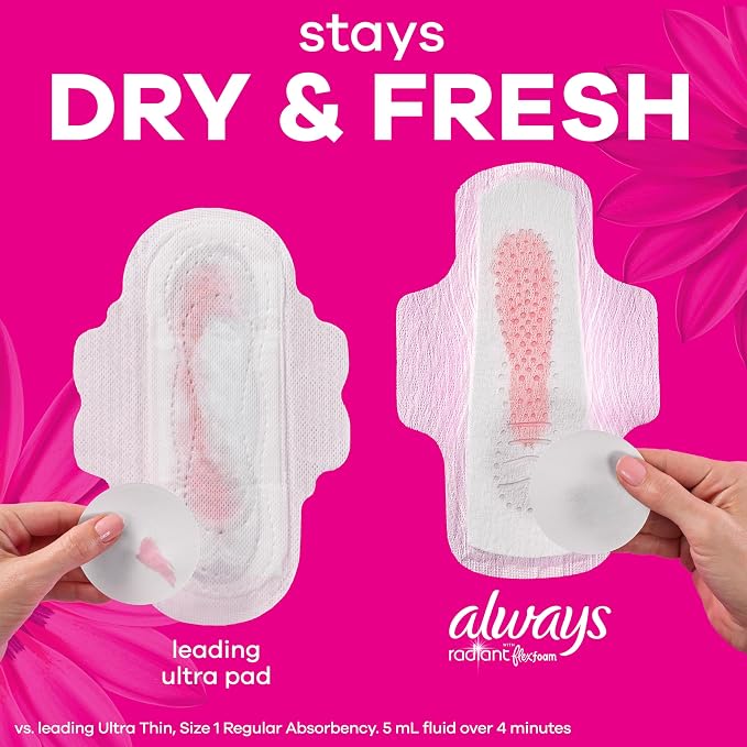 Always Radiant Feminine Pads for Women, Flexfoam Pads with Wings, Size 3, Extra Heavy Absorbency, Lightly Scented, 30 Count