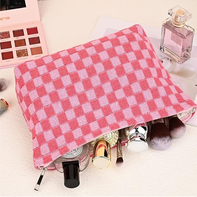 Cosmetic Bags for Women - Corduroy Cosmetic Bag Aesthetic Women Handbags Purses Smile Dots Makeup Organizer Storage Makeup Bag Girls Case Bags (Q-Checkered pink)