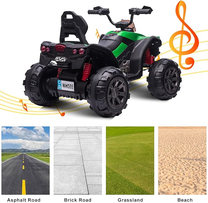OTTARO 12V Ride on ATV 2 Seater, 4 Wheeler Electric Quad for Kids 3-8 w/ 17" Length Seat, LED Lights, 2 Speeds, Soft Braking, Rear Pedal & Backrest