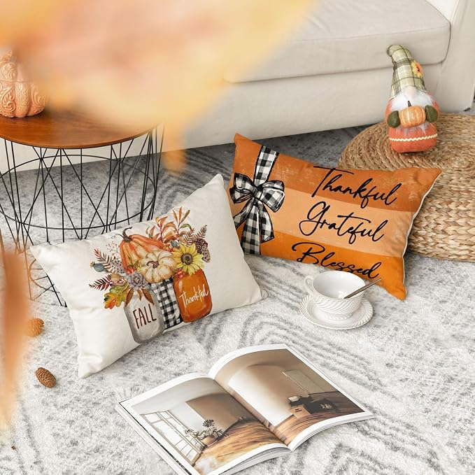 AVOIN colorlife Fall Pumpkin Home Sweet Home Throw Pillow Covers, 12 x 20 Inch Autumn Thankful Grateful Blessed Harvest Floral Orange Decorations for Sofa Couch Set of 4