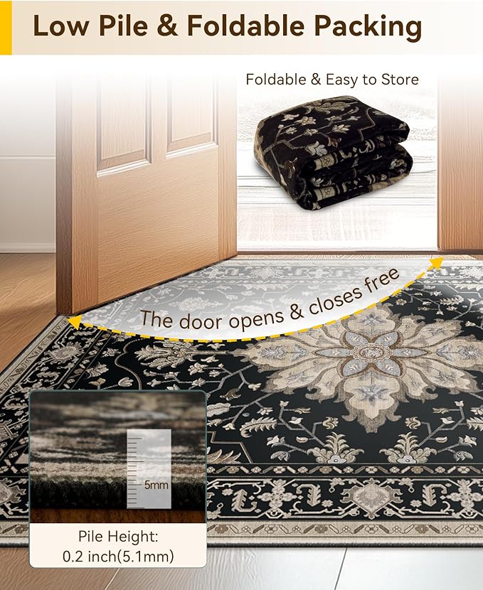 RELEANY Area Rugs Large 10'x14' Washable Non-Slip, Floral Vintage Distress Medallion Carpet for Living Room Bedroom Dining Room, Black Brown Neutral Dark Tan
