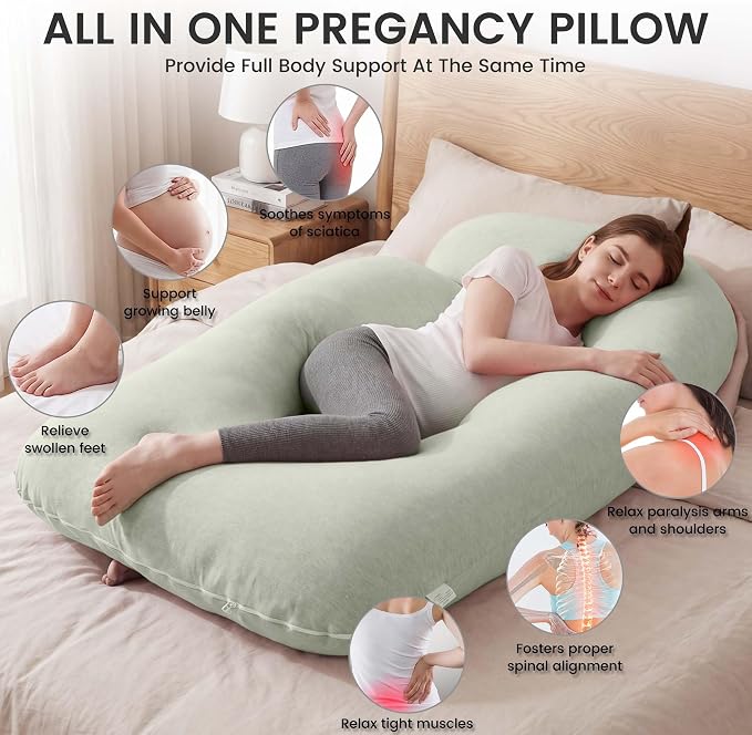 Jcickt Pregnancy Pillow for Sleeping,59 inch Maternity Pillow with Removable Washable Cover,J-Shaped Cooling Full Body Pregnant Pillow -Support for Backs,Legs, Belly, HIPS, Improve Sleep -Pea Green
