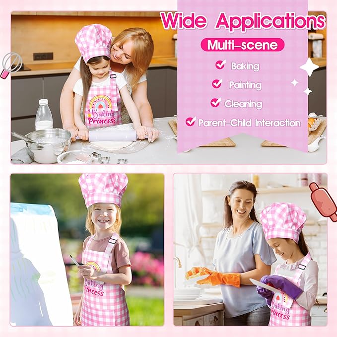 R HORSE 2Pcs Kid Apron and Chef Hat Set, Adjustable Children Coquettish Pink Kitchen Toddler Apron for Girls, Dress up Role Play Chef Toy Funny Cooking Gift Birthday Gift for Kids Baking Painting