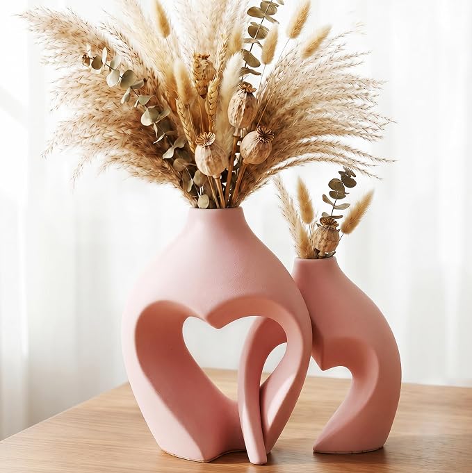Ceramic Flower Vases Table Decor Heart Shaped Vase Set of 2 Pink | Nordic Heart Shaped Vases Minimalist Decorative Vase for Table Centerpiece Wedding Dining Living Room Office House Decoration