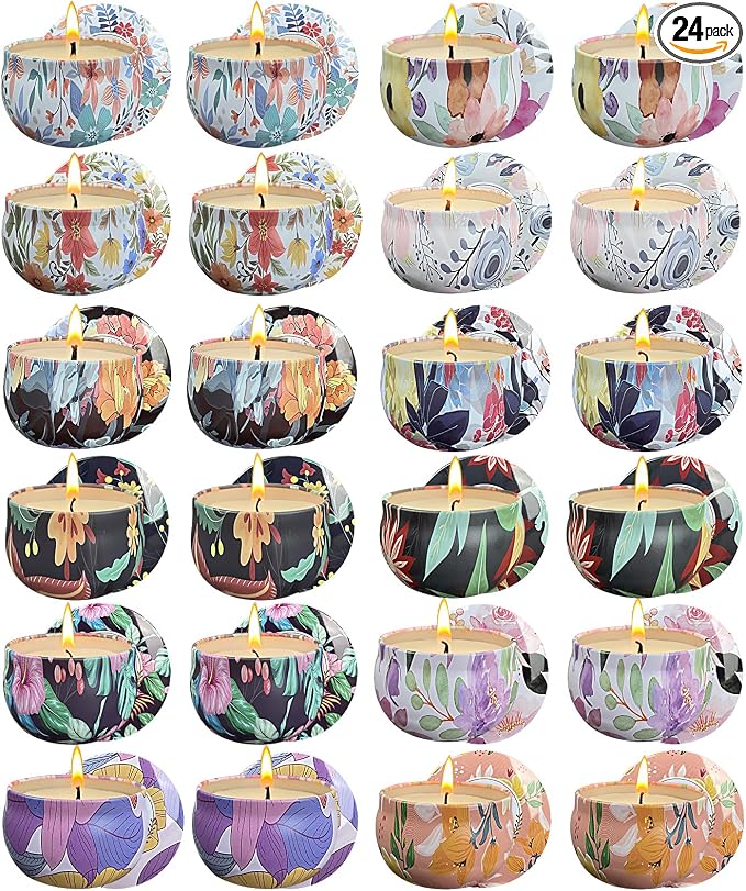 24 Packs Scented Candles Gift Set, Fragrances Candle for Women, 2.5 OZ Portable Jar Candle for for Spa, Yoga, Bath, Aromatherapy, Stress Relief, Floral Pattern