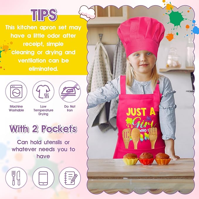 R HORSE 2Pcs Kid Apron and Chef Hat Set, Adjustable Children Pink Kitchen Toddler Apron for Girl Who Loves Slime, Dress up Role Play Chef Toy Funny Cooking Gift Birthday Gift for Kids Baking Painting