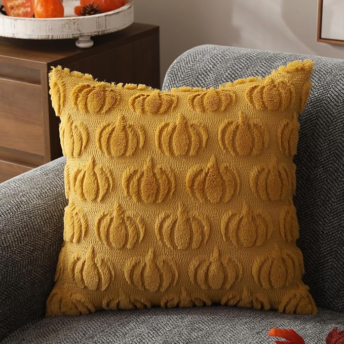 DFXSZ Fall Pillow Covers 20x20 2Pcs Yellow Pumpkin Fall Decoration for Home | Fall decor Set of 2 Throw Pillow Cases Soft Plush Faux Fur Wool Couch Cushion for Chair Sofa Bedroom Living Room Home Decor