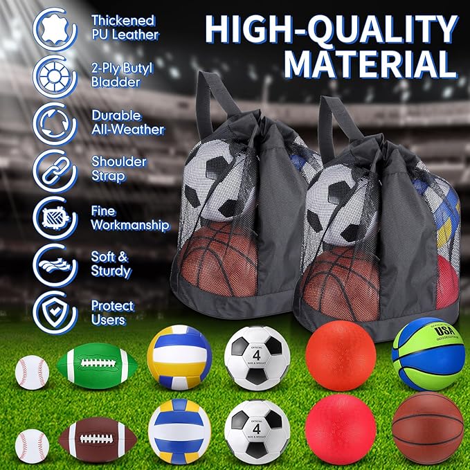 Deekin 12 Pcs Assorted Sport Ball Set Official Size Basketball, Football, Volleyball, Soccer, Baseball, Playground Ball with Bag and Pump Gift for Kid Youth Adult Back to School