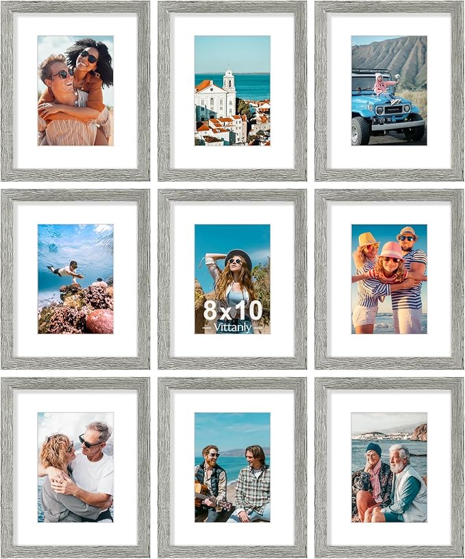 Vittanly 8x10 Picture Frames Set of 9, Shatter Resistant Plexiglass, Display 5x7 Pictures with Mat or 8x10 without Mat, Photo Frames for Wall or Tabletop, Engineered Wood, Grey | Display Pictures 5x7 with Mat or 8x10 without Mat, Small Photo Frames, En...