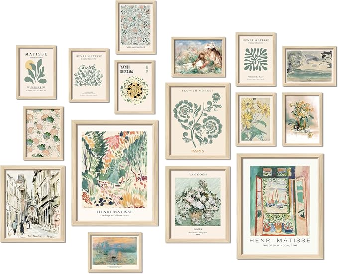 16 PCS Sage Green Wall Art Decor, Matisse Wall Prints for Bedroom, Abstract Posters for Room Aesthetic, Wall Collage Kit Pictures for Living Room, Eclectic Boho Vintage Dorm Gallery Home Decor