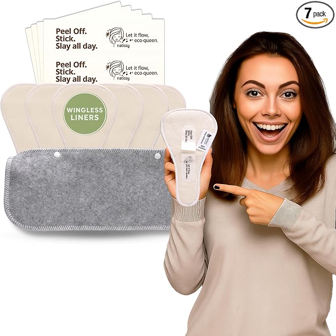 Wingless Camel Toe Panty Liners with Adhesive Sticker (Thong, 7-Pack) – 2-in-1 Reusable Camel Toe Guard & High-Temp Washable Cloth Liners – 100% Breathable Organic Cotton, Stay-Put
