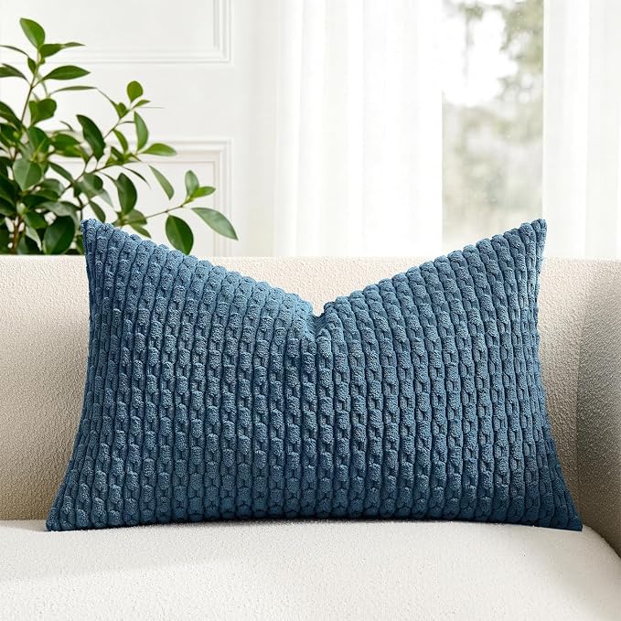 Kevin Textile Soft Corduroy 12"x20" Lumbar Pillow Cover 1 Pack, Blue | Boho Stripe Plush Corduroy Decorative Oblong Cushion Cover Modern Farmhouse Home Decor for Sofa Couch Bed Chair