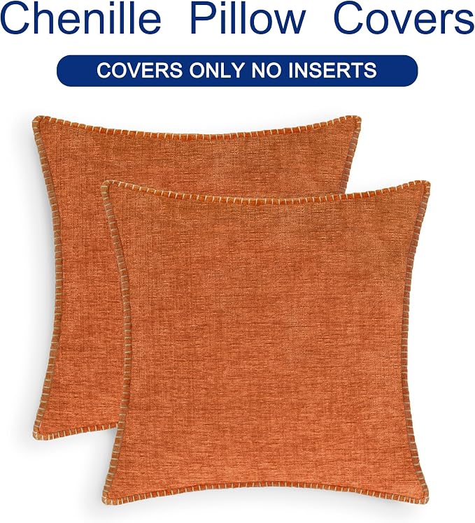 CaliTime Fall Decorative Throw Pillow Covers 20 X 20 Inches Burnt Orange | Pack of 2, Cozy Chenille Cushion Cases, Cotton Thread Stitching Edges, for Couch Sofa Bed Living Room Farmhouse