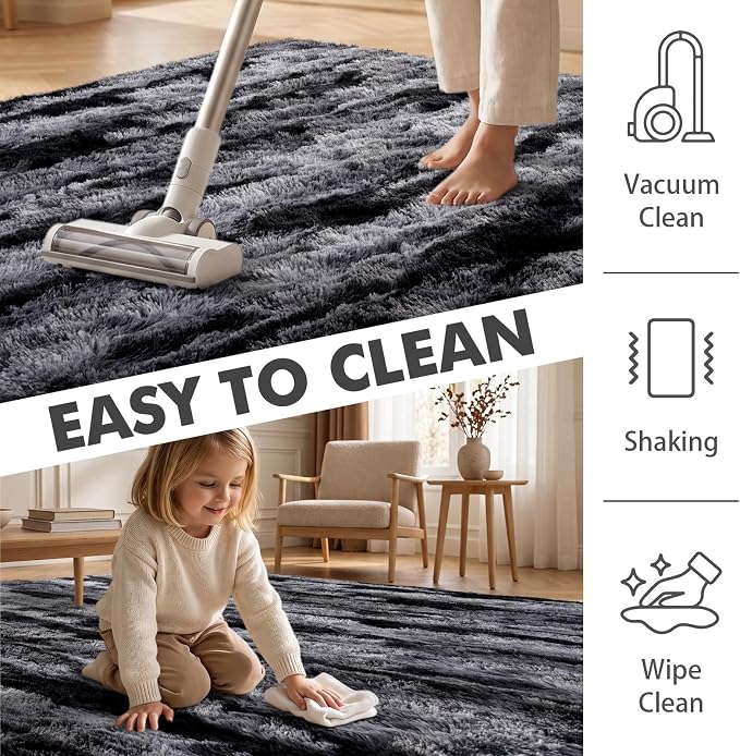 6x9 Ft Large Shag Rugs for Living Room Decor, Tie-Dyed Ultra Soft Fluffy Furry Area Rugs for Bedroom Indoor Floor, Aesthetic Carpet for Kids Home (Black)