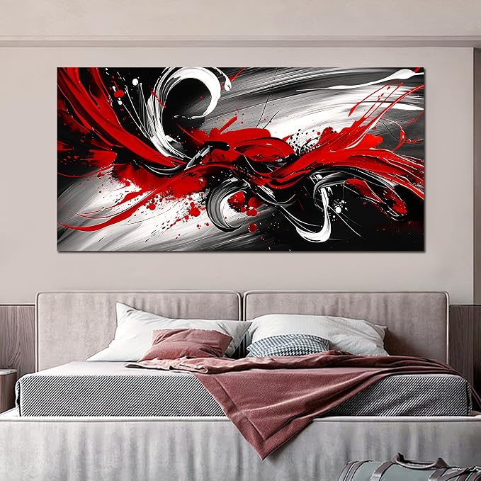 Black and White Red Large Canvas Wall Art for Living Room Framed Print Picture Painting Bedroom Office Wall Decor Modern Room Abstract Wall Decorations Artwork Size 24x48 Ready to Hang