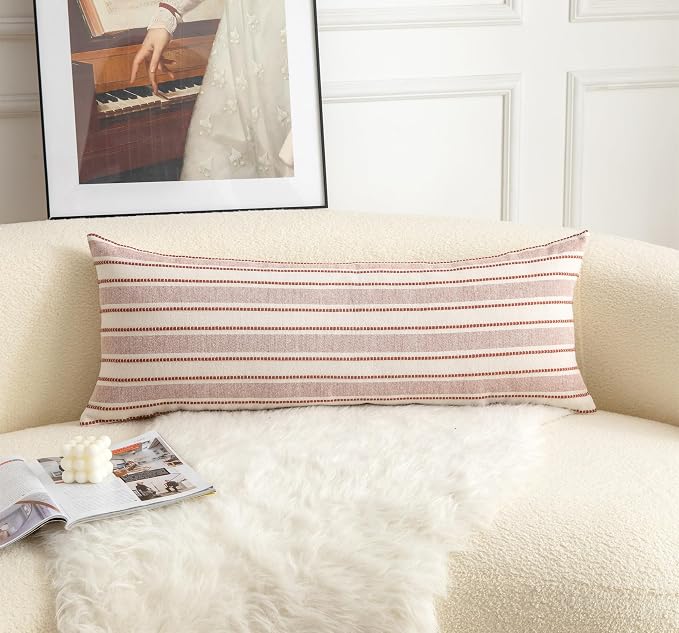 Cethom Decorative Boho Lumbar Pillow Covers, Modern Farmhouse Couch Pillowcase, 14 x 36 Long Accent Body Throw Pillow Covers, Sofa Bed Living Room Decor Cushion Case, Rust and Beige, Pack of 1