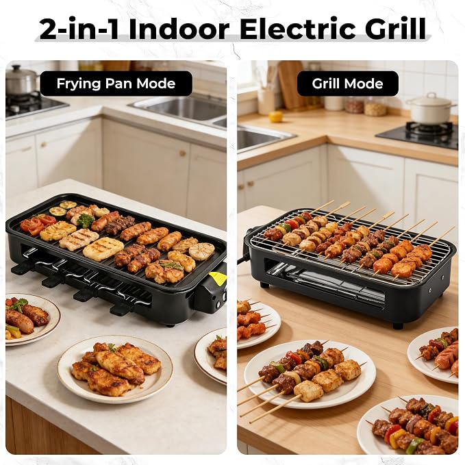 Pukomc Electric Indoor Grill,2 in 1 Indoor Grills for Kitchen | Grill Net & Non-Stick Cooking Removable Plate, Temperature Control, Dishwasher Safe, 1800W Large Smokeless