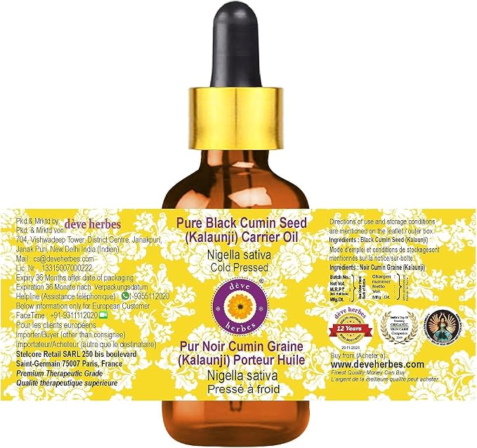 Deve Herbes Pure Black Cumin Seed (Kalaunji) Carrier Oil (Nigella Sativa) with Glass Dropper Cold Pressed 100ml (3.38 oz)