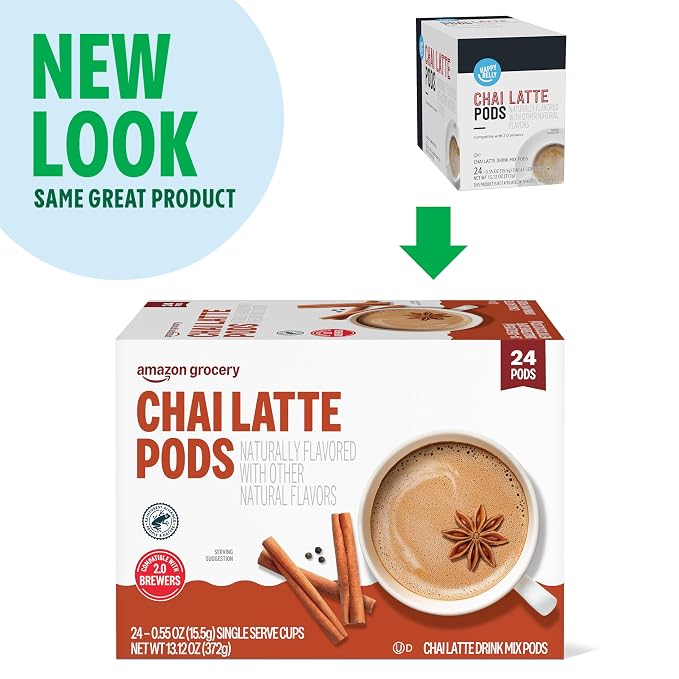 Amazon Brand - Happy Belly Tea Pods Compatible with 2.0 K-Cup Brewers, Chai Latte, 24 Count (Previously Solimo)