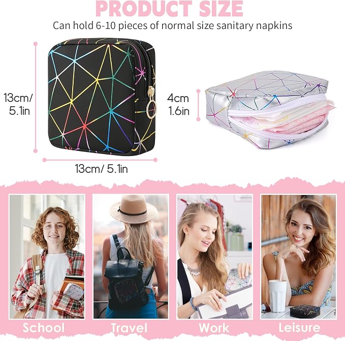 Sanitary Napkin Storage Bag, Menstrual Cup Pouch Nursing Pad Holder Tampon Bags Feminine Product Pouches Portable Period Kit Bag for Girls Women Ladies 2 Pack (Dazzling Black/Silver)