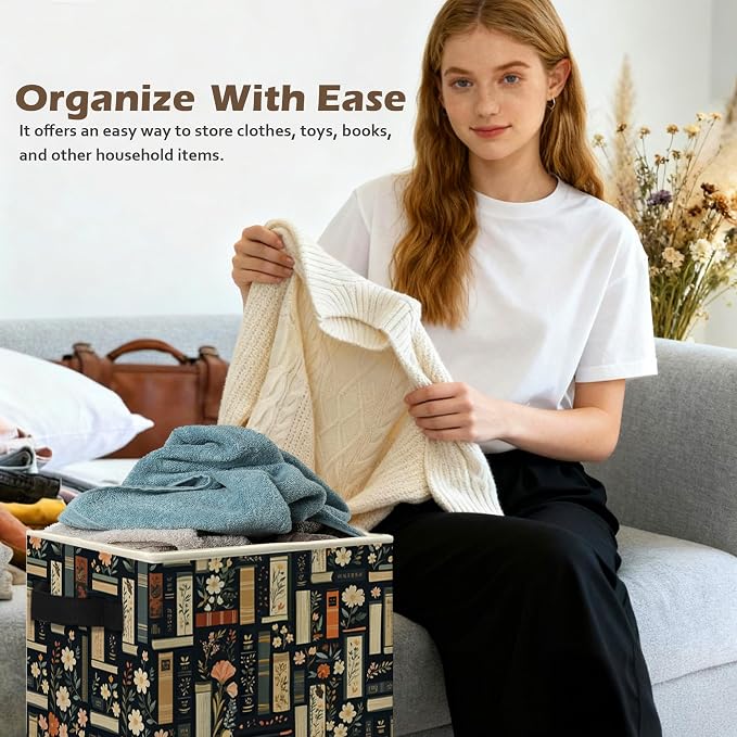 Dark Floral Book Storage Box Bins, Bookish Reading Lover Gifts Collapsible Storage Basket Organizer for Reading Room Corner Nook Library Girls Bedroom Home Clothes Books