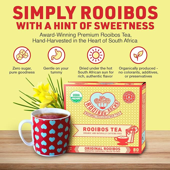 Caffeine Free Organic Rooibos Tea Bags 80 - Naturally Sweet Herbal Tea Safe for Kids & Pregnant Women – Low Tannin Premium South African Tea Red Tea - Sustainably & Ethically Farmed Red Rooibos Tea
