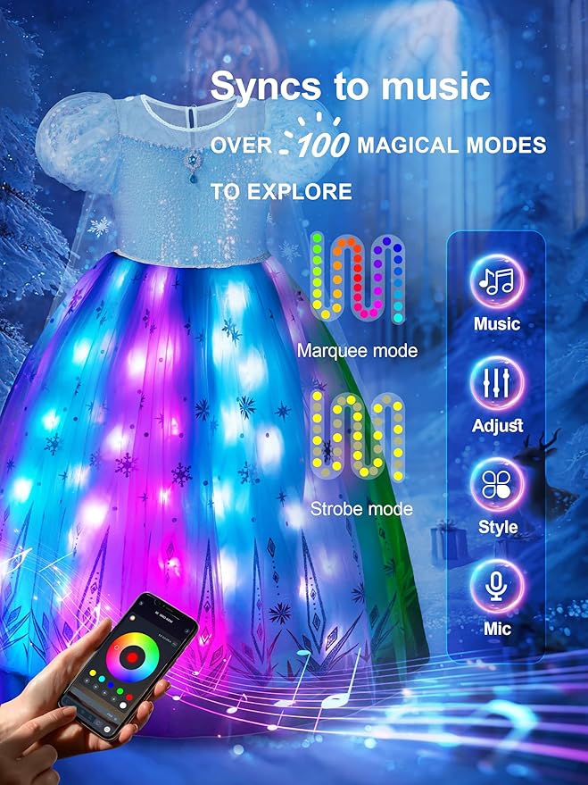 Princess Dress Up for Girls RGB LED Light Up Syncs Music, Princess Birthday Dress Halloween Costume for Girls 3-10