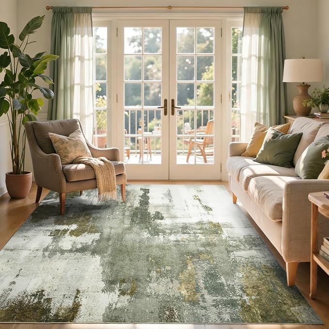 5x7 Ft Area Rugs for Living Room, Soft Non-Slip Washable Rugs Modern Abstract Pattern Carpet for Bedroom Indoor Floor Nursery Home Decor (Green)