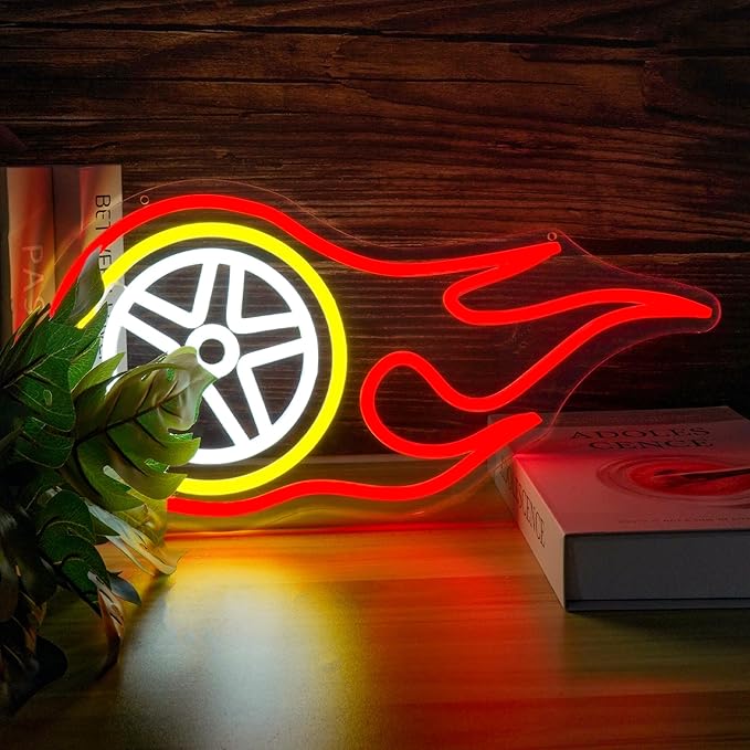 Car Wheel Neon Sign Flame Wheel Neon Light LED Garage Decor for Man Cave Game Room Bar Dimmable Racing-Themed Lighting USB Powered Acrylic Neon Sign for Party Birthday Gift