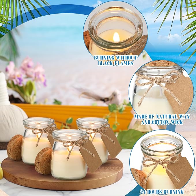 MTLEE 24 Pcs Jar Candles for Guests Wedding Summer Candles Gift Natural Wax Jar with DIY Cards for Bridal Baby Shower Party Favors Home Decor, Scents of Ocean Breeze/Mojito/Coconut/Vanilla Ice Cream