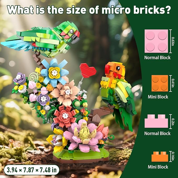 Flowers & Love Bird Building Set for Adults, Flower Parrot Botanicals Decor Model Kit with LED, Animal Toys Gifts Ideas for Kids Girls Boys Age 8+ (1050 PCS)