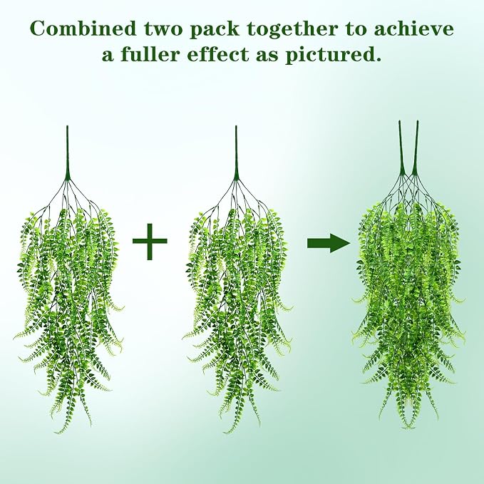 Waipfaru 4Pcs Fake Ferns Fake Hanging Plants Artificial Ferns Vine Greenery | UV Resistant Faux Outdoor Plants Ivy Vines for Modern Boho Patio Outdoor Indoor Party Wall Porch Gazebo Aesthetic Decor